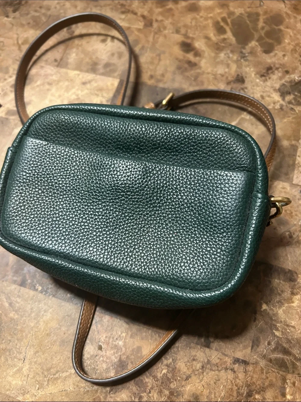Tory Burch Dark Green Pebbled Leather Crossbody Camera Bag with Brown Strap
